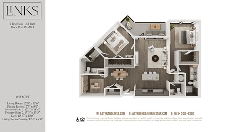 A floor plan for a 3 bedroom, 2.5 bath home with a living room, dining room, kitchen, and two bedrooms.